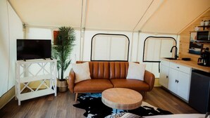 Ett kompakt bostadsutrymme med en soffa, en tv, ett köksutrymme och en krukväxt.