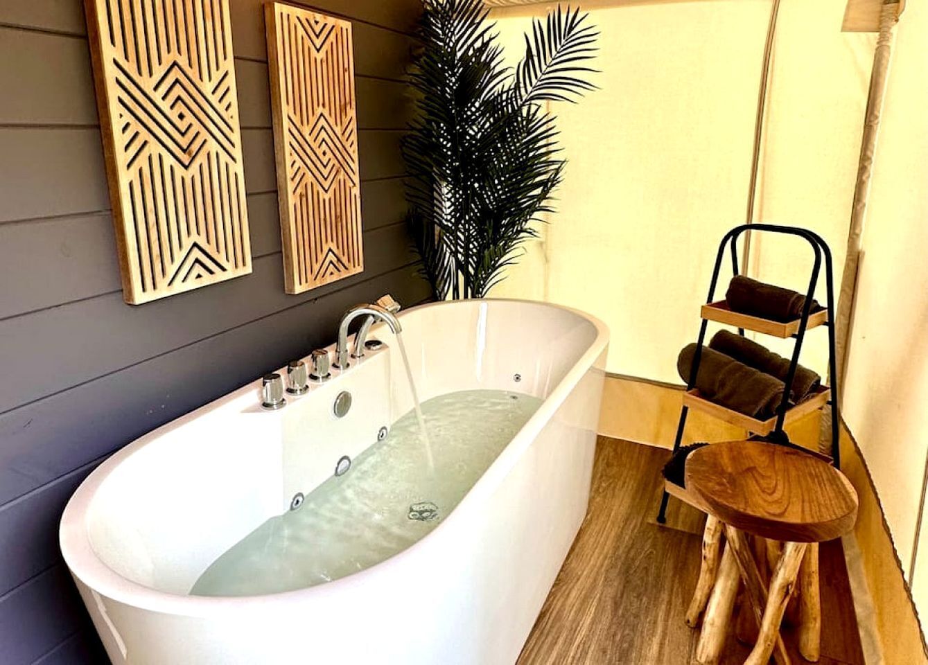 Une salle de bain moderne avec une baignoire sur pieds, des éléments de décoration murale en bois et une plante.