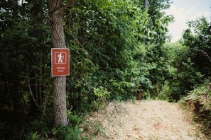 A hiking trail sign in a wooded area.
