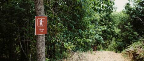 Placa de trilha em uma área arborizada.