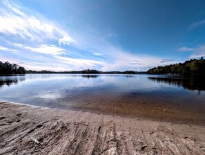 A calm lake with a sandy shore and distant forested land.