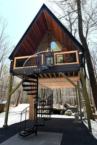 Eco-Friendly Solar Powered A-Frame Treehouse with Hot Tub and Private Dock  on Littlefield Pond, near Wells, Maine