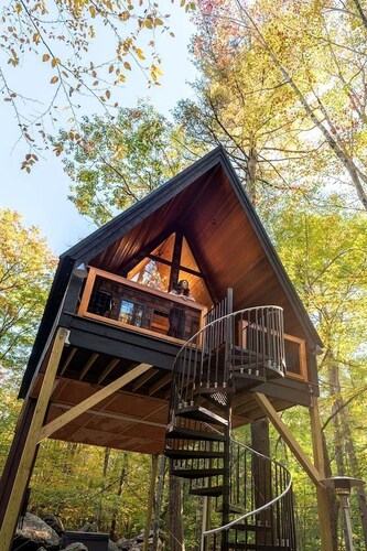 Eco-Friendly Solar Powered A-Frame Treehouse with Hot Tub and Private Dock  on Littlefield Pond, near Wells, Maine