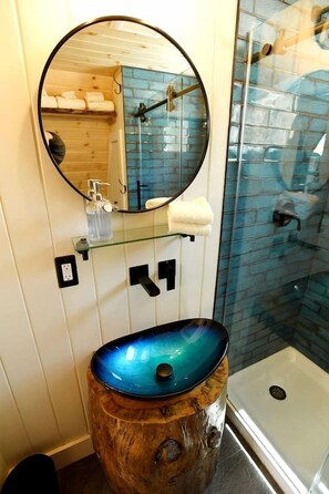 Hair dryer, towels, soap, shampoo - Eco-Friendly Solar Powered A-Frame Treehouse with Hot Tub and Private Dock  on Littlefield Pond, near Wells, Maine (Sanford)