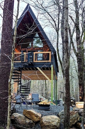 Exterior - Eco-Friendly Solar Powered A-Frame Treehouse with Hot Tub and Private Dock  on Littlefield Pond, near Wells, Maine (Sanford)
