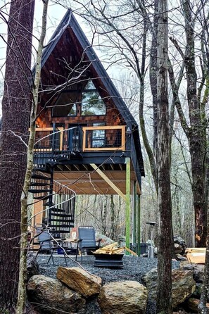 Exterior - Eco-Friendly Solar Powered A-Frame Treehouse with Hot Tub and Private Dock  on Littlefield Pond, near Wells, Maine (Sanford)