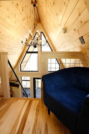 Fireplace - Eco-Friendly Solar Powered A-Frame Treehouse with Hot Tub and Private Dock  on Littlefield Pond, near Wells, Maine (Sanford)