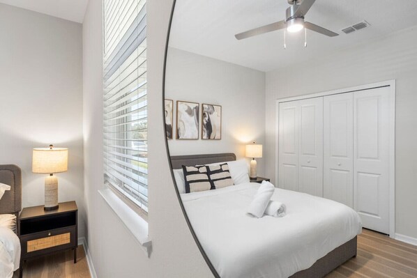 1 bedroom, desk, iron/ironing board, travel crib