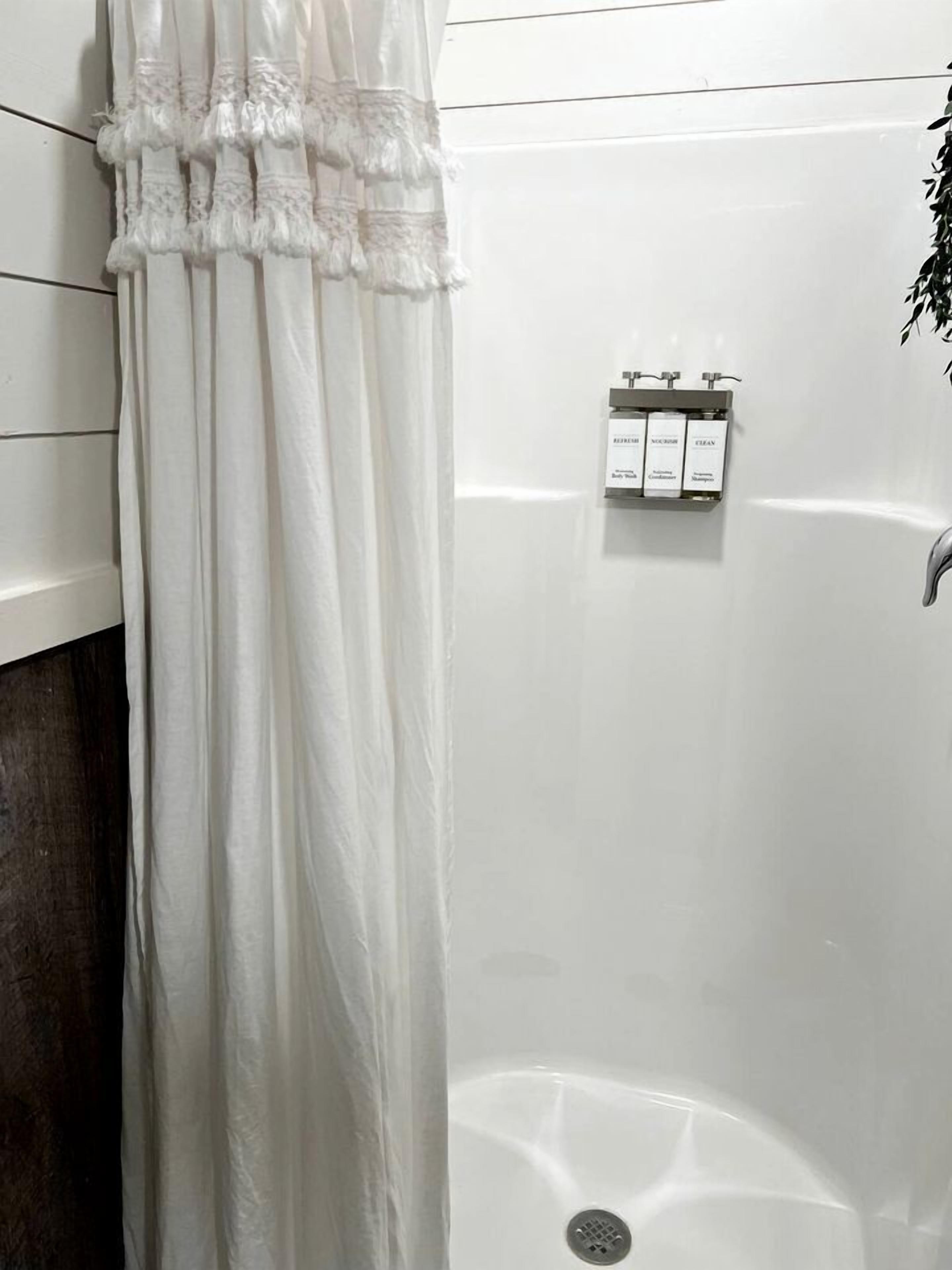 Hair dryer, towels, soap, shampoo