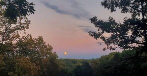 A sunset with a visible moon, surrounded by trees. - Unique Treehouse Tent Ideal for Couples in Branson, Missouri (Branson)