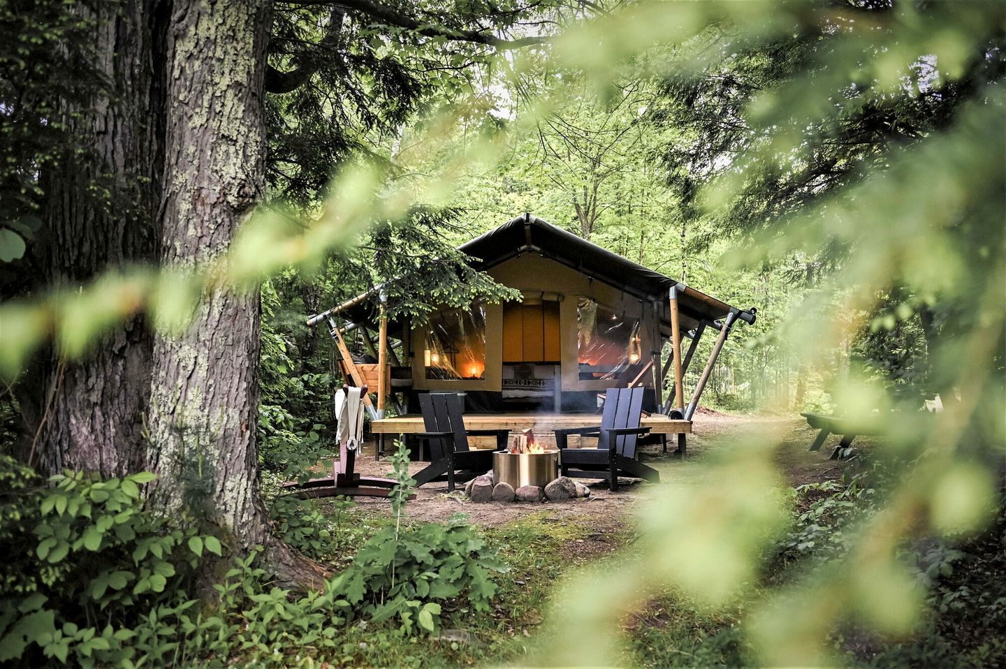 Ein rustikales Blockhaus mit Kamin, umgeben von Bäumen.