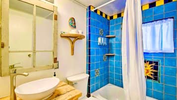 Jetted bath, hair dryer, towels, soap