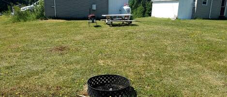 A grassy yard with a metal grill and a black circular object.