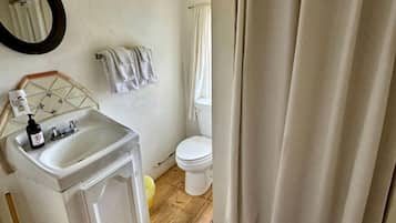 Hair dryer, towels, soap, shampoo