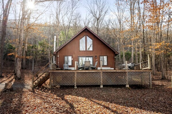 A cabin with a deck, surrounded by trees and a forest.
