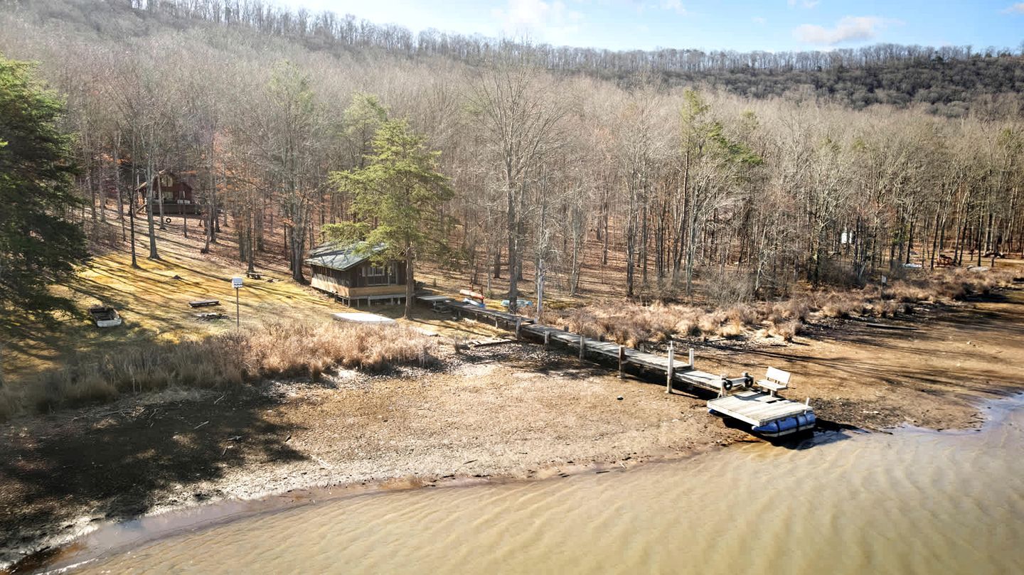 A cabin in a forested area with a dock extending into a river.