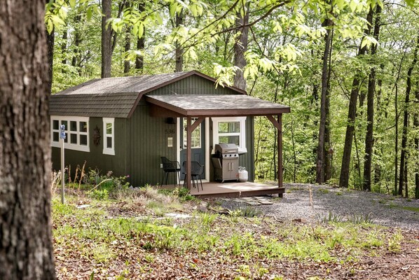 A cabin with a porch, a grill, and a number '536' on the door.