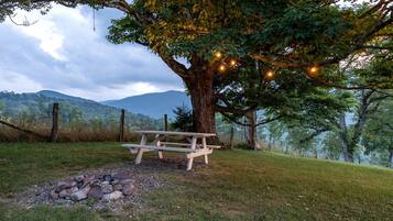 A picnic table under a large tree with string lights, surrounded by a grassy area with a mountain view.