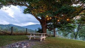 Une table de pique-nique sous un grand arbre, illuminée de guirlandes lumineuses, entourée d’une pelouse avec vue sur la montagne.