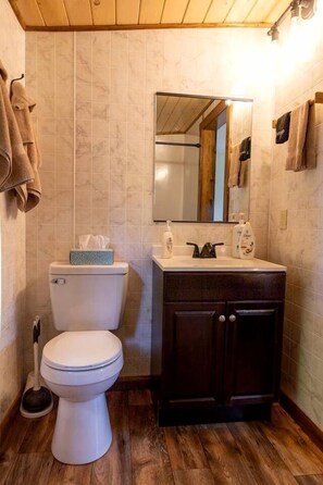 Un baño con inodoro, lavamanos, espejo y suelo de madera.