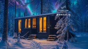 A cozy cabin with large windows, wooden steps, and a snow-covered landscape. - Borealis (Muonio)