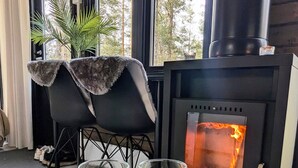 A cozy room with a fireplace, two glasses of white wine, a lit candle, and a potted plant. - Borealis (Muonio)