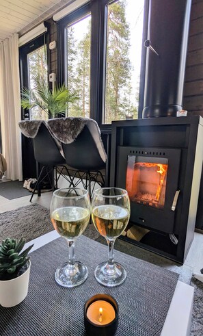A cozy room with a fireplace, two glasses of white wine, a lit candle, and a potted plant. - Borealis (Muonio)