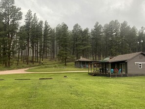 A cabin with a porch and outdoor seating area, surrounded by a grassy field and a forest.