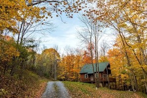 Eine Hütte, umgeben von Herbstlaub, mit einem Kiesweg, der zu ihr führt, und einem klaren Himmel.