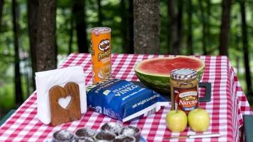 Een picknickopstelling met een geruit tafelkleed, een blik Pringles, een watermeloen, een pot pindakaas, een hartvormige koek, een doos chocolade en twee appels.