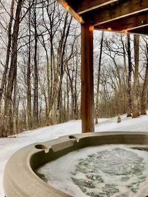 Ein Whirlpool, umgeben von verschneiter Landschaft und kahl stehenden Bäumen.