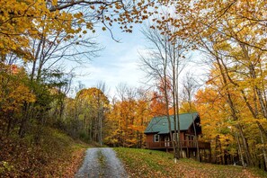 A cabin surrounded by autumn foliage, a gravel path leading to it, and a clear sky.
