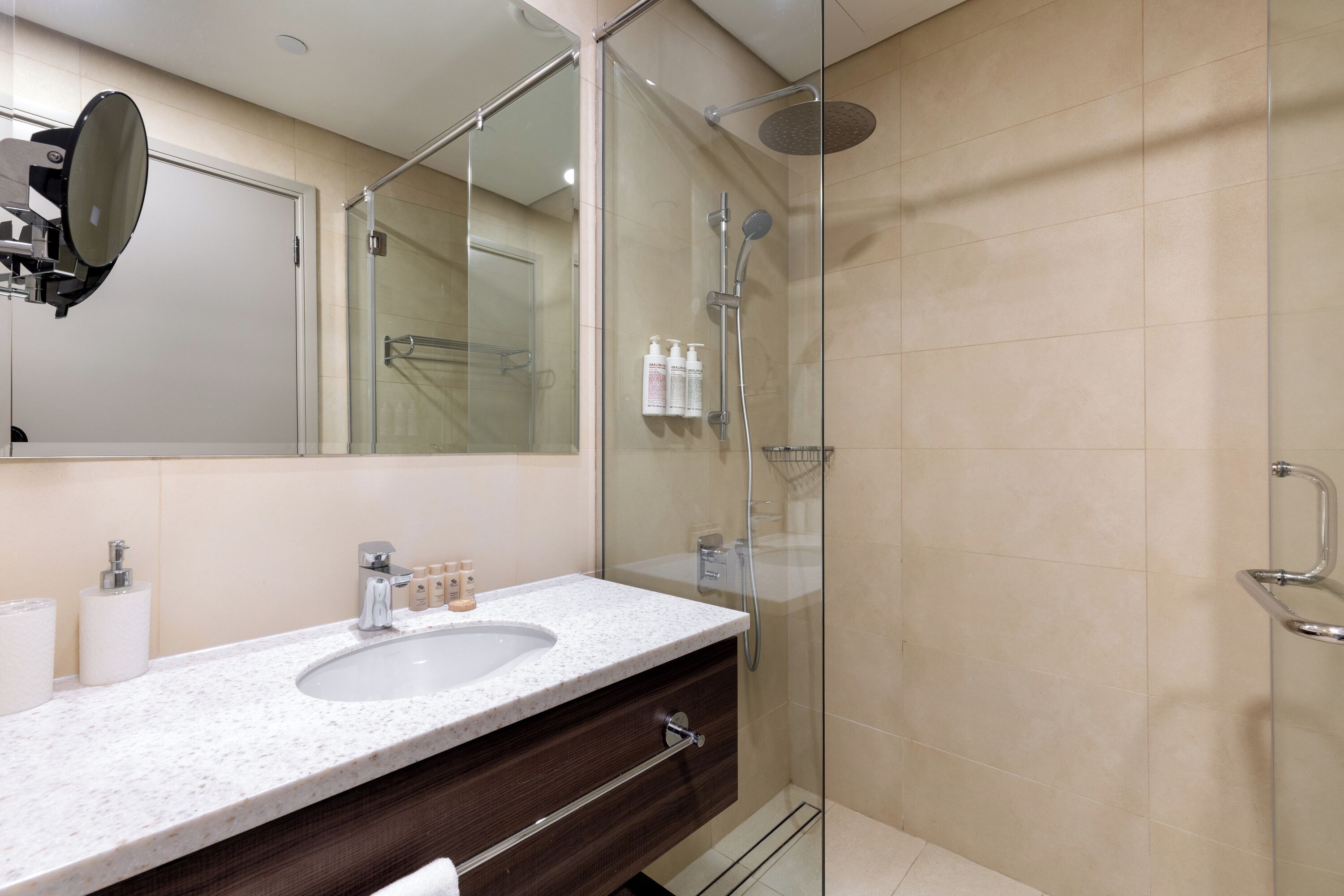 A modern bathroom with a glass-enclosed shower, a white sink, and a large mirror.