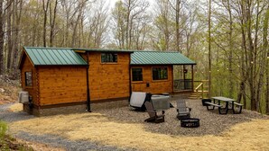 A cabin with a green roof, a porch with a railing, and outdoor seating with a fire pit.