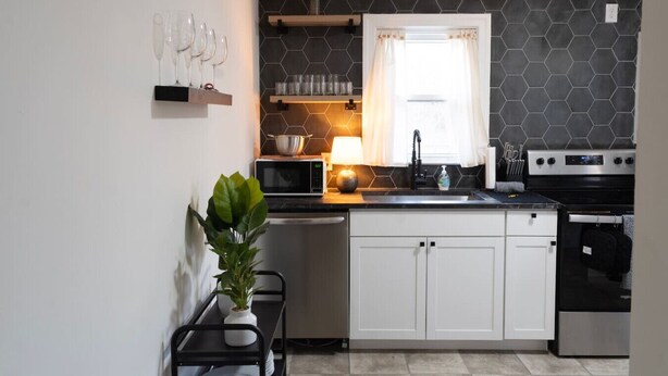 Une cuisine compacte avec des meubles blancs, un four à micro-ondes, une cuisinière et un évier. Une plante en pot est posée sur une petite table, et une étagère contient de la verrerie et un saladier.