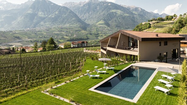 A modern building with a pool, surrounded by a vineyard and mountains. - Apartment 'Oberhaslerhof Floralis' with Mountain View, Wi-Fi and Air Conditioning (Schenna)