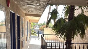 A covered corridor with a concrete floor, metal railings, and a palm tree on the right. - Rodeway Inn & Suites Rancho Cordova - Folsom (Rancho Cordova)