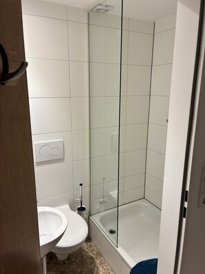 Shower, towels, shampoo, toilet paper