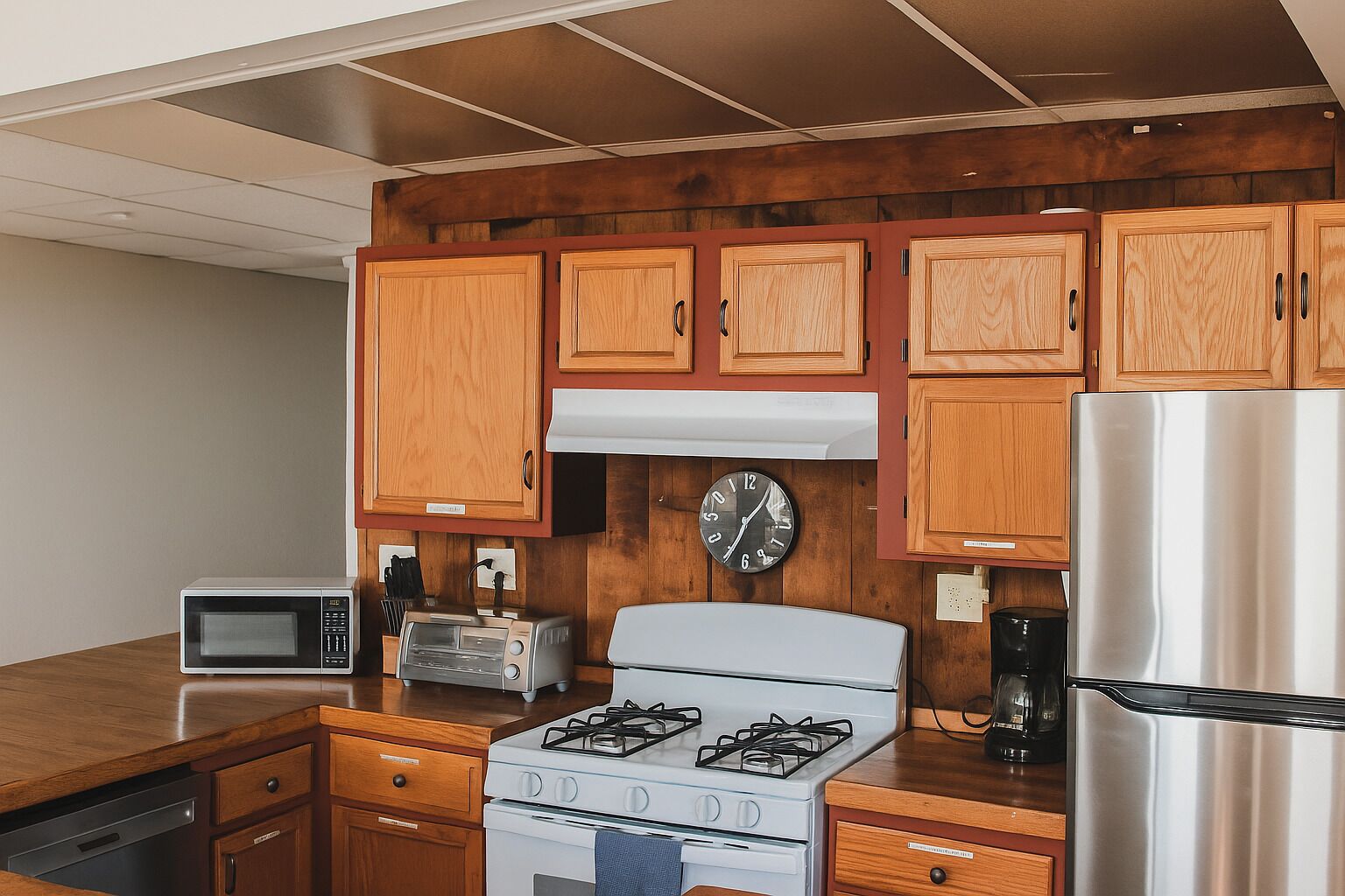 Una cocina con armarios de madera, microondas, tostadora, estufa y refrigerador.