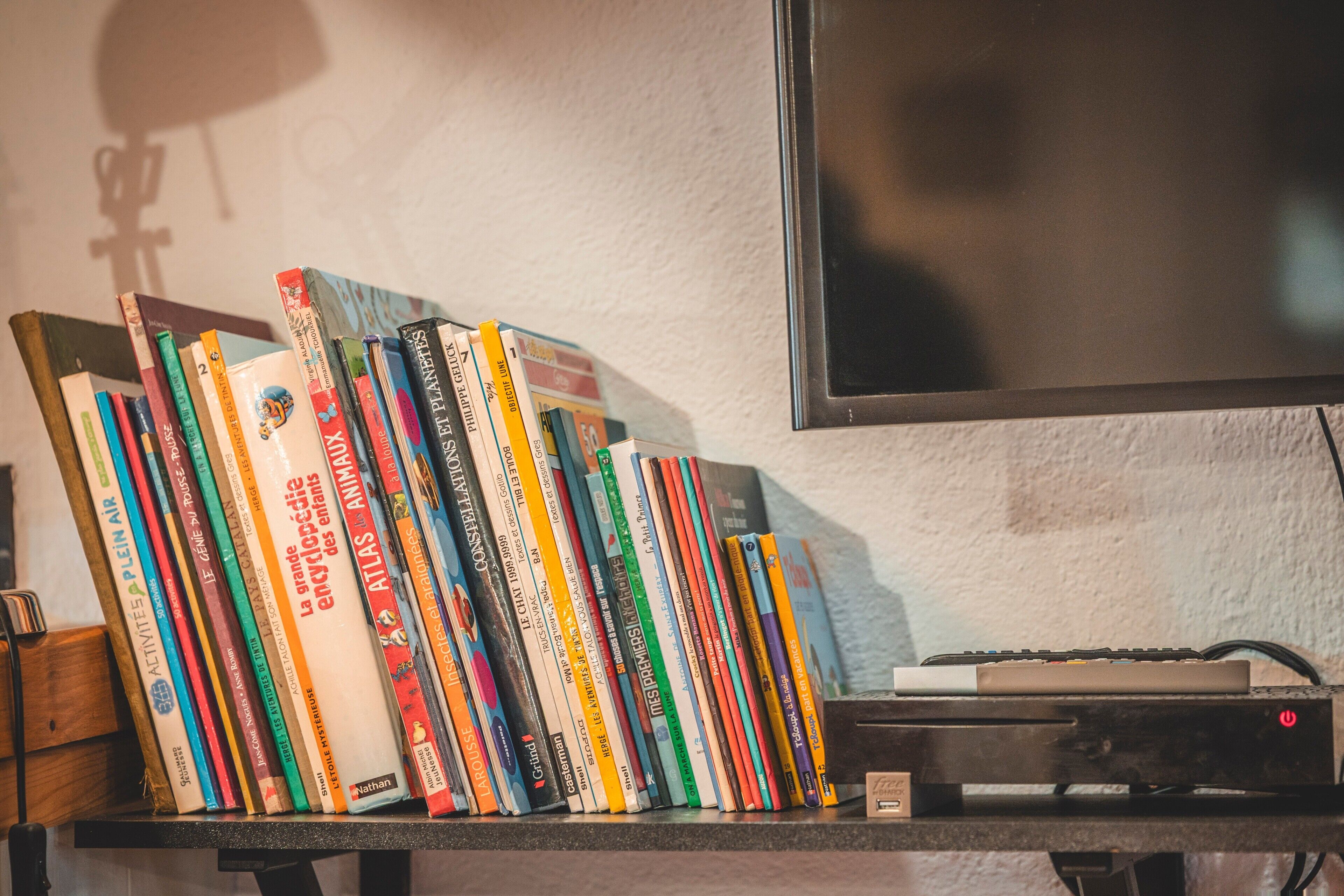 Een boekenplank met diverse boeken en een televisietoestel op een standaard.