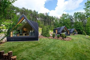 Dos cabañas modernas de forma triangular con amplios ventanales, rodeadas de un paisaje verde exuberante y un bosque al fondo.