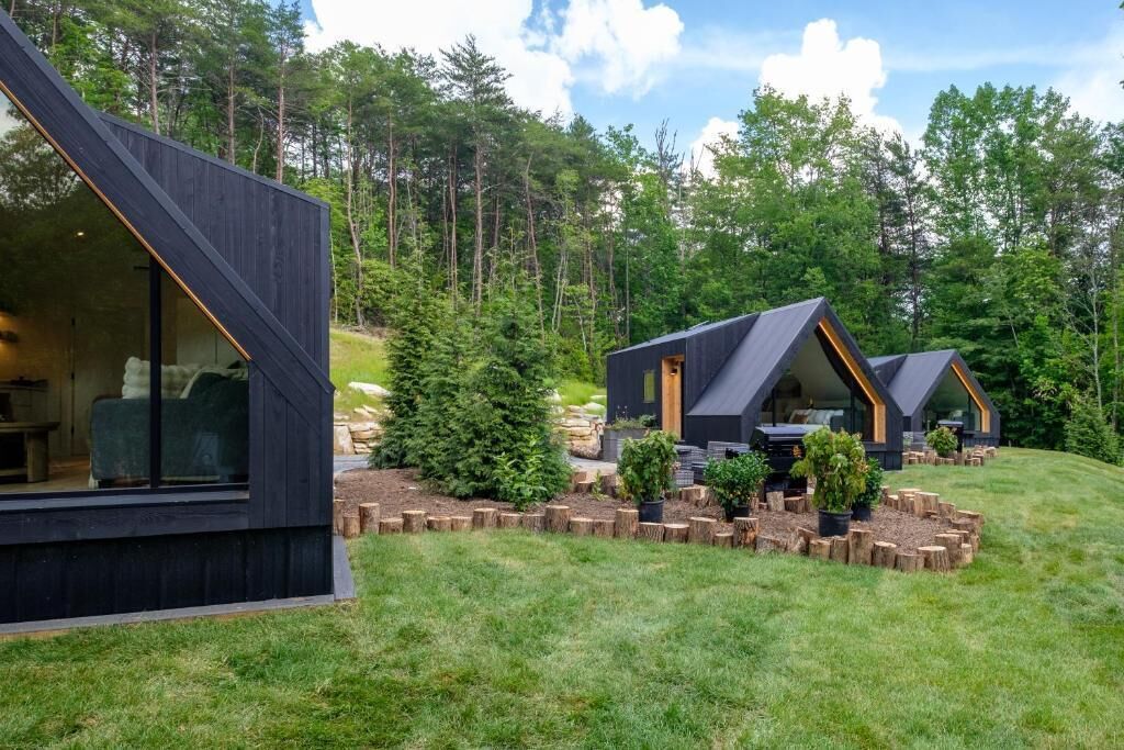 A modern, dark-colored cabin with a glass facade, surrounded by a lush forest.