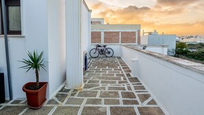 Terraza en la azotea con planta en maceta, una bicicleta y vistas del paisaje urbano al atardecer.