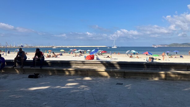 Una playa con gente descansando bajo sombrillas, un perro en la acera y barcos en el agua.