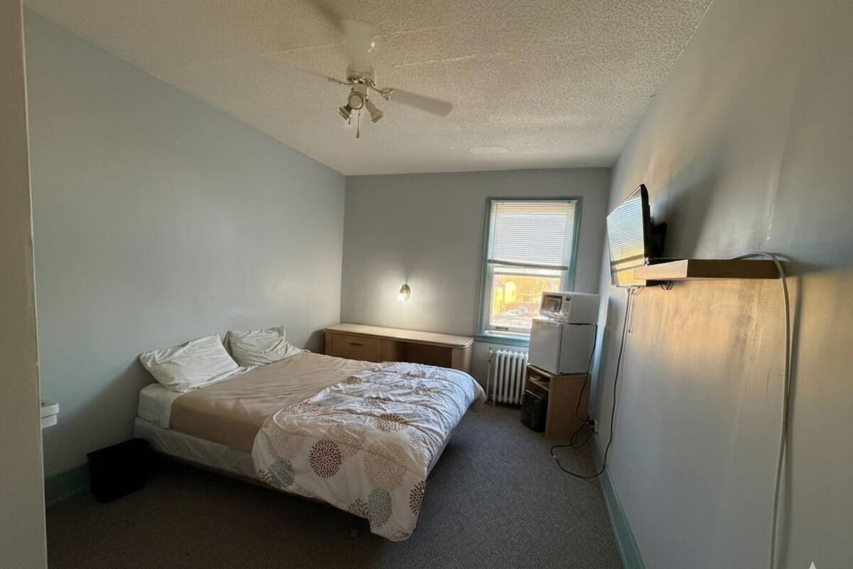 A bedroom with a bed, a desk, a radiator, and a ceiling fan.