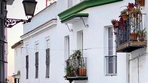A narrow cobblestone street lined with white buildings featuring balconies with metal railings and hanging flower baskets. - Botánico Casa Rural (Arcos de la Frontera)