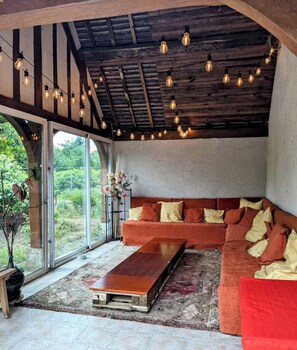 TV connectée, cheminée, livres, médiathèque