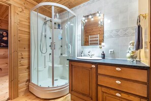 Hair dryer, towels, soap, toilet paper