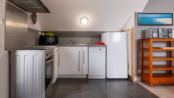A modern kitchen with stainless steel appliances, a microwave, a dishwasher, and a wooden TV stand.