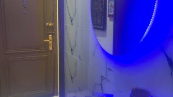 Hair dryer, towels, soap, toilet paper